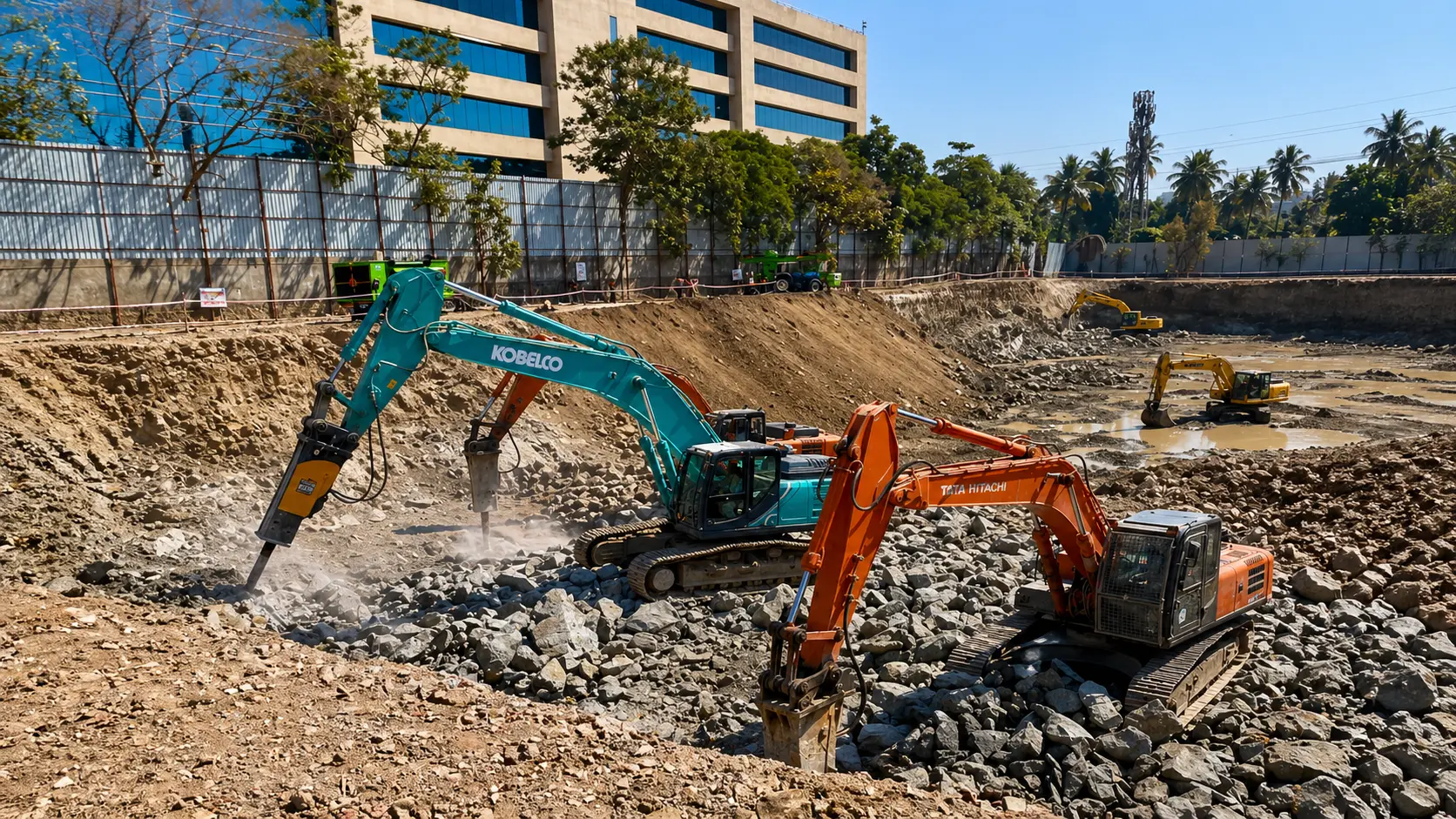 Poclain excavator with breaker working on rock excavation site in Thane